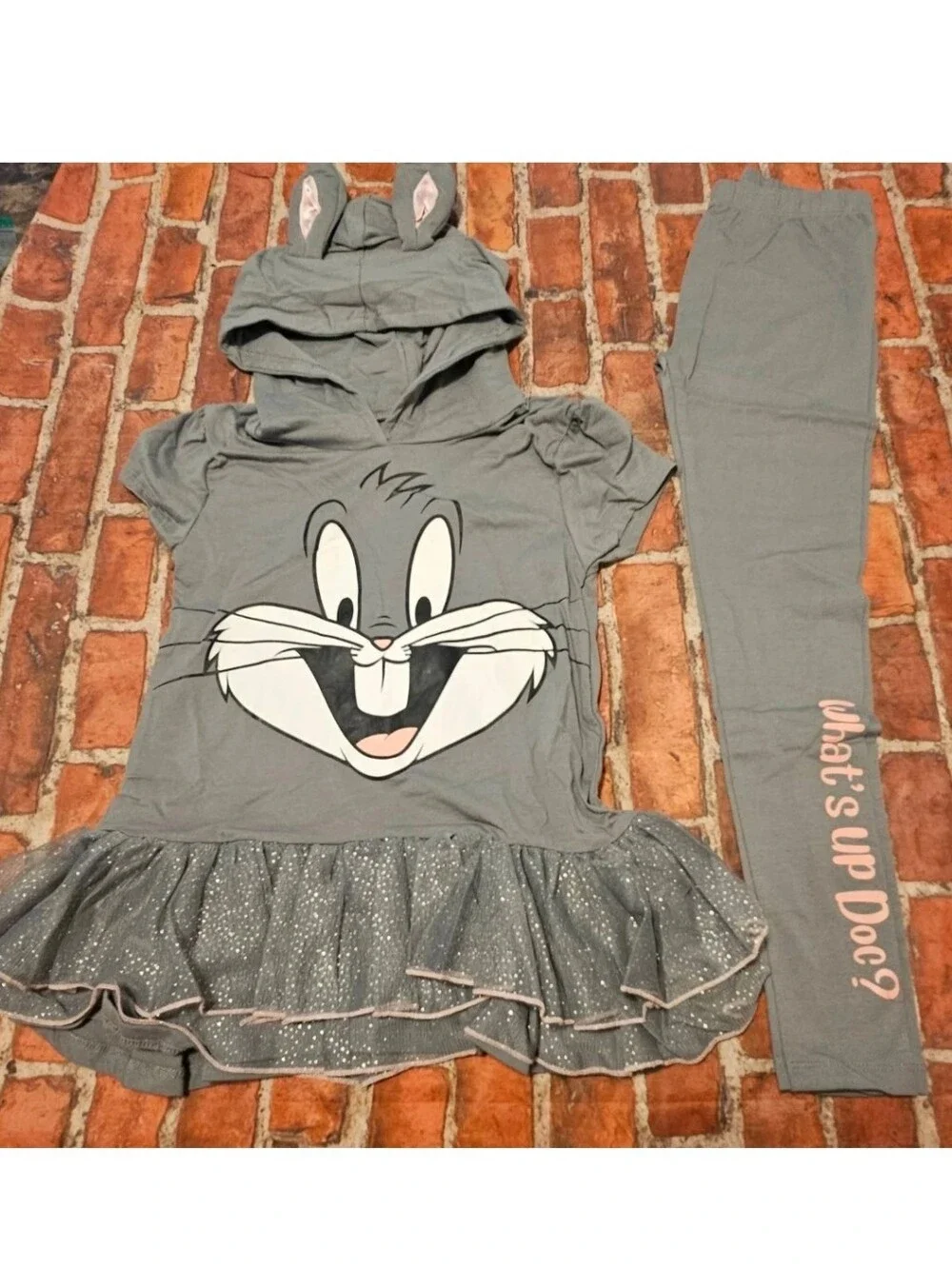 Looney Tunes Bugs Bunny Girls Cosplay Dress Leggings Set Size 7/8 NWOT Gray 7 8
